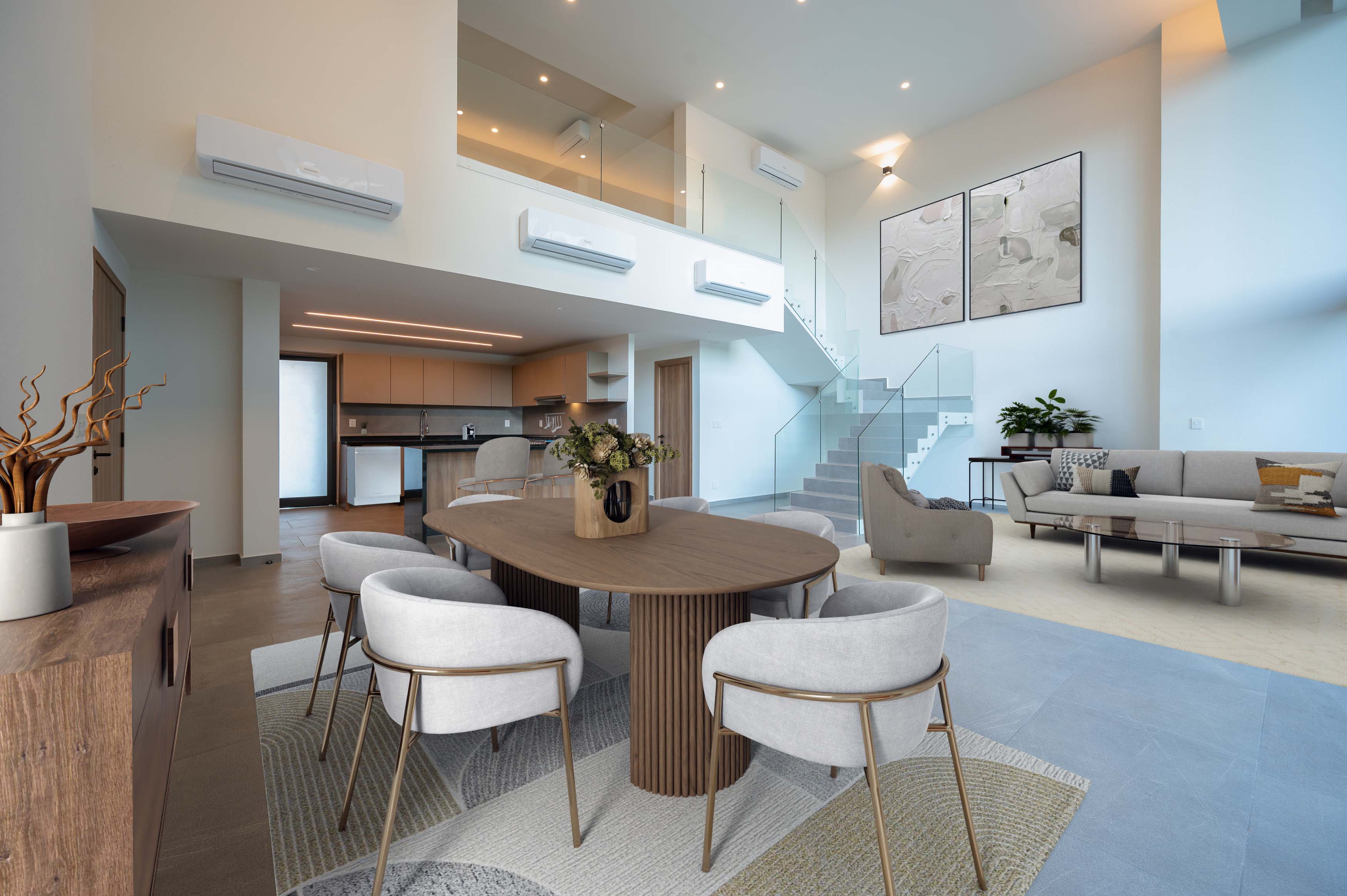 Comedor de departamento en venta en Cabo Norte, Mérida. Interiores con acabados premiun del modelo Garden House.