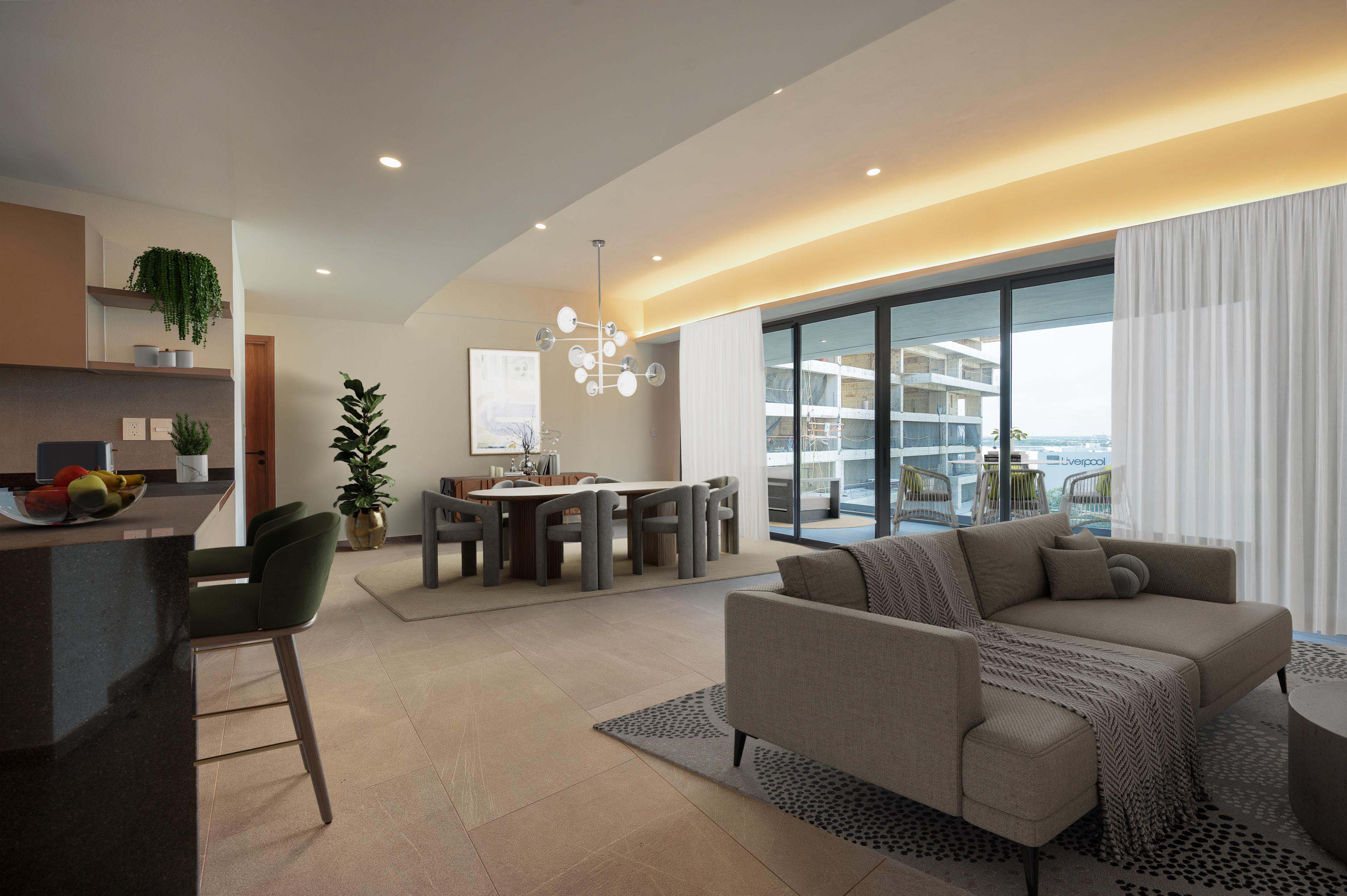 Sala de departamento en venta en Cabo Norte, Mérida. Interiores con acabados premium del modelo Magnus.