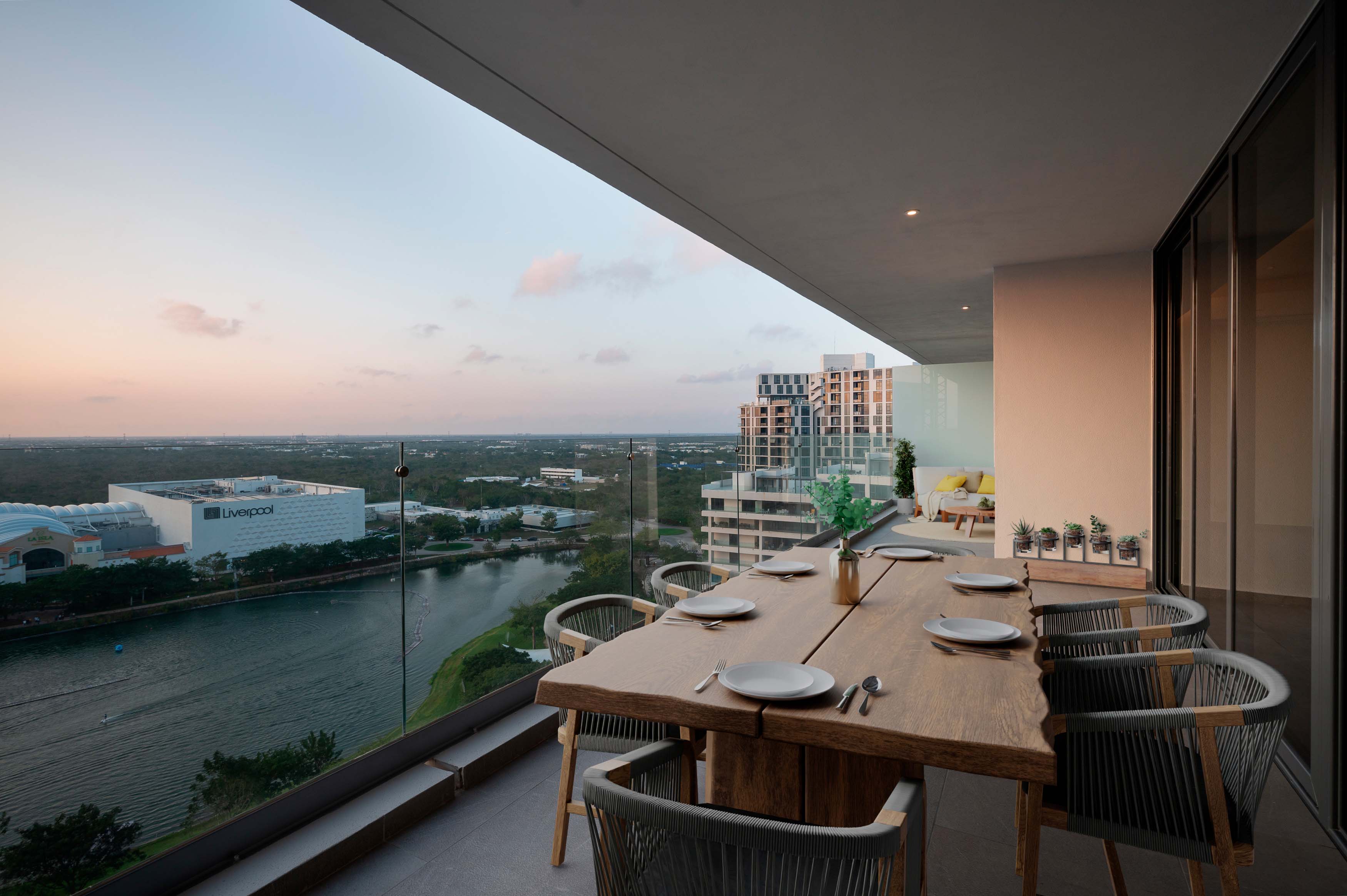 Terraza con vista panorámica de departamento en venta en Cabo Norte, Mérida. Interiores con acabados premium del modelo Penthouse.