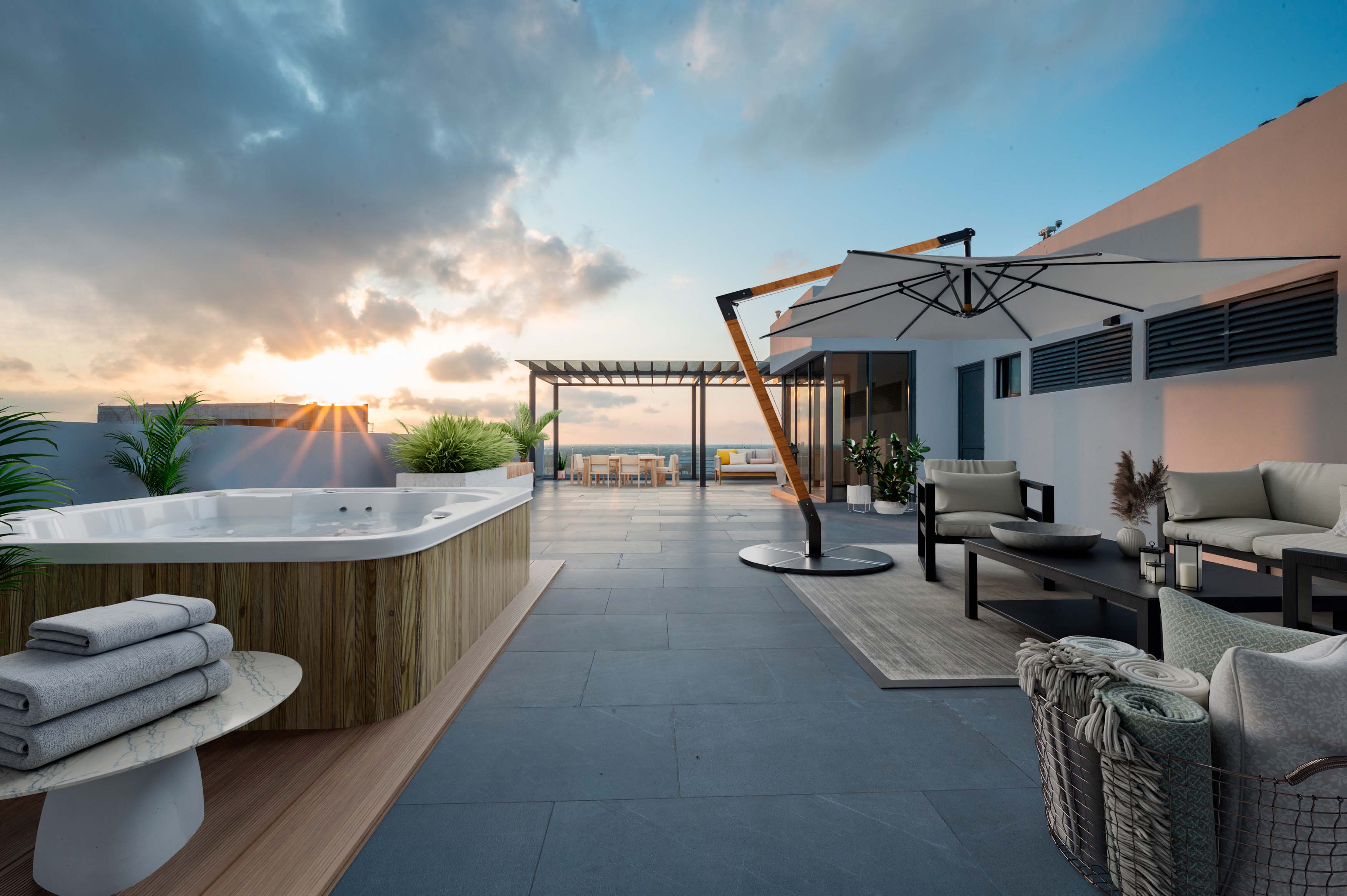 Roof top privado de departamento en venta en Cabo Norte, Mérida. Interiores con acabados premium del modelo Penthouse.